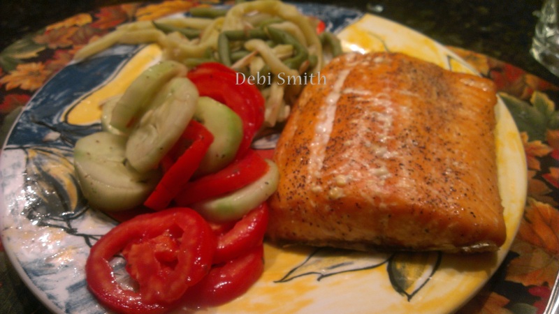 Steeler made cedar plank salmon, green bean salad, and cucumber & tomato salad. All safe for me after double checking everything.